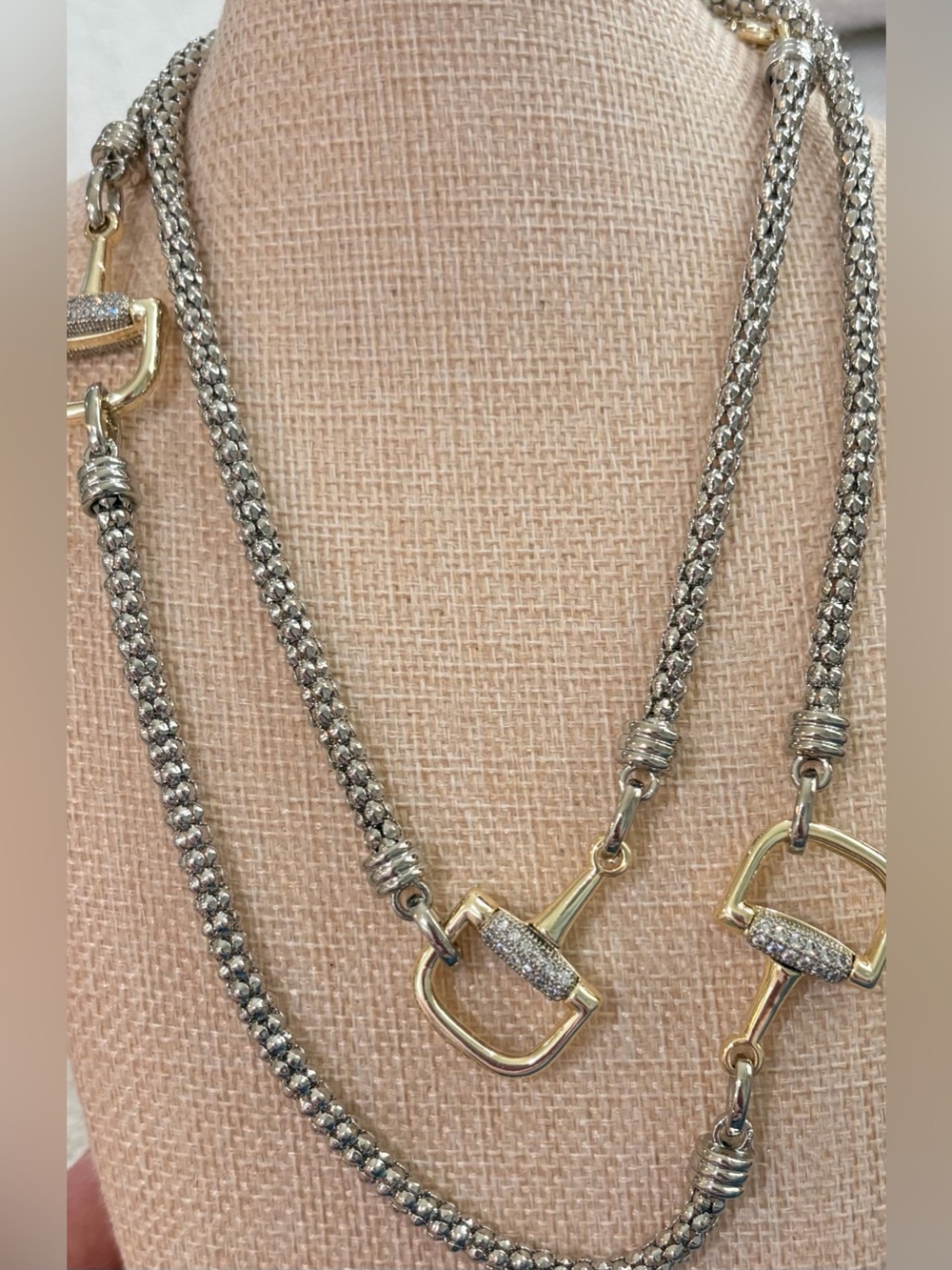 NEW FREIDA ROTHMAN “VAULT” Two-Tone Silver and Gold Horsebit Link Necklace 34”